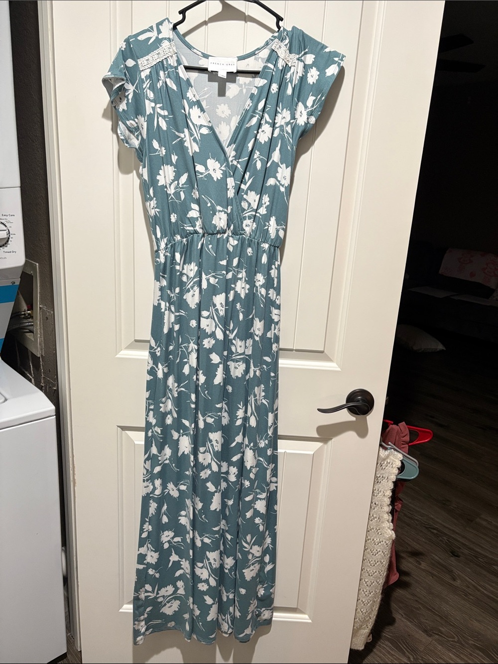 French Grey Teal and White Floral Surplice Maxi Dress